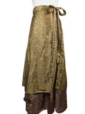 Vintage Reversible Silk Wrap Skirt – Boho Olive Paisley Maxi